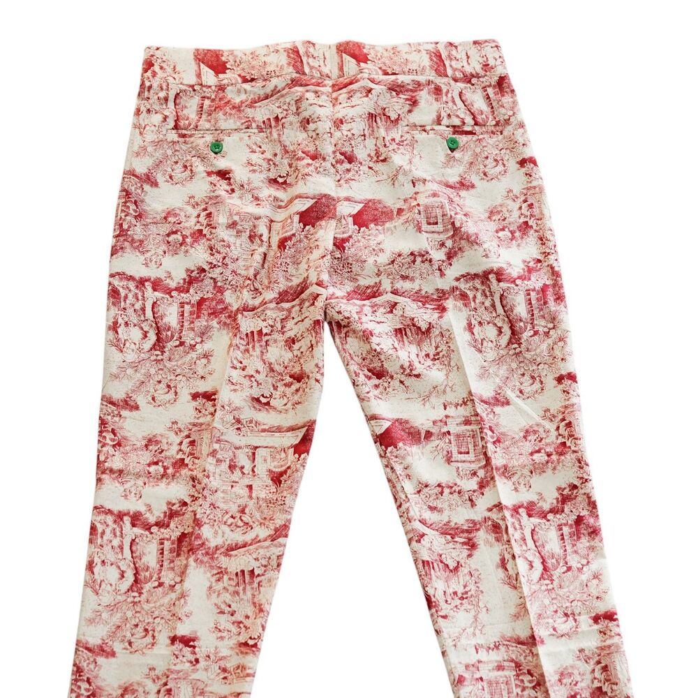 Mens 36 Red Cream Graphic Print Gurkha Pants Cotton Flat Front Slim Fit Trousers - Picture 6 of 6
